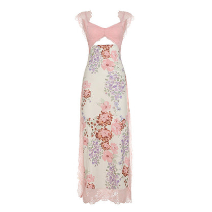 Vacation Sexy Lace Stitching Printed Irregular Asymmetric Slit Cutout Sling Dress Beach Dress by Ragazza