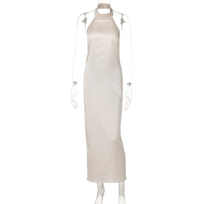 Summer Solid Color Sleeveless Halter Sexy Backless Satin Dress by Ragazza