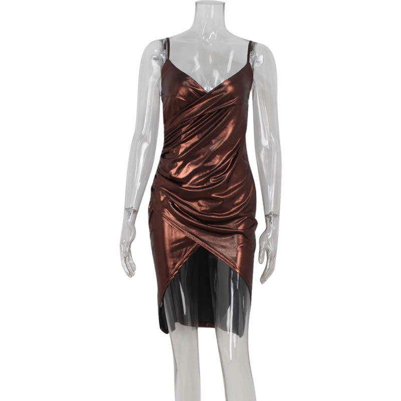 Sexy Women Clothing Tight Figure V neck High Grade Bronzing High Waist Slit Hip Spaghetti Straps Dress by Ragazza