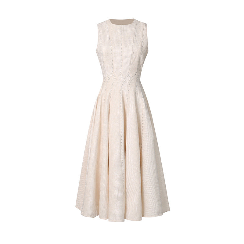 Elegant Beige Sleeveless Dress Autumn Winter Women Clothing Rhinestone Stitching Socialite Ruffled by Ragazza