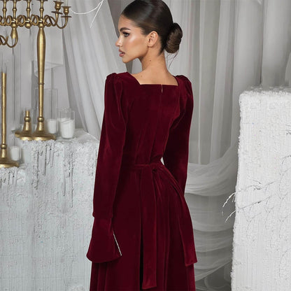 Autumn Winter Party Dress French Ladies Dress Korean Velvet Bell Sleeve Square Collar A line Dress Women by Ragazza