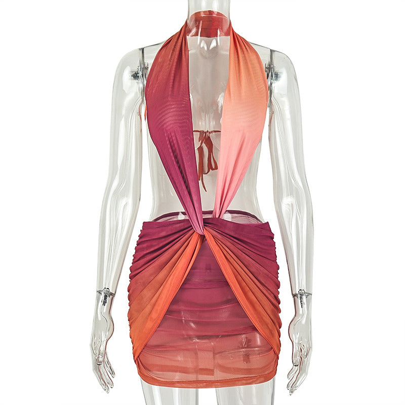 Women Clothing Halter Sexy Summer Vacation Hip Dress Gradient Color Sleeveless Short Casual Dress  DestGlow