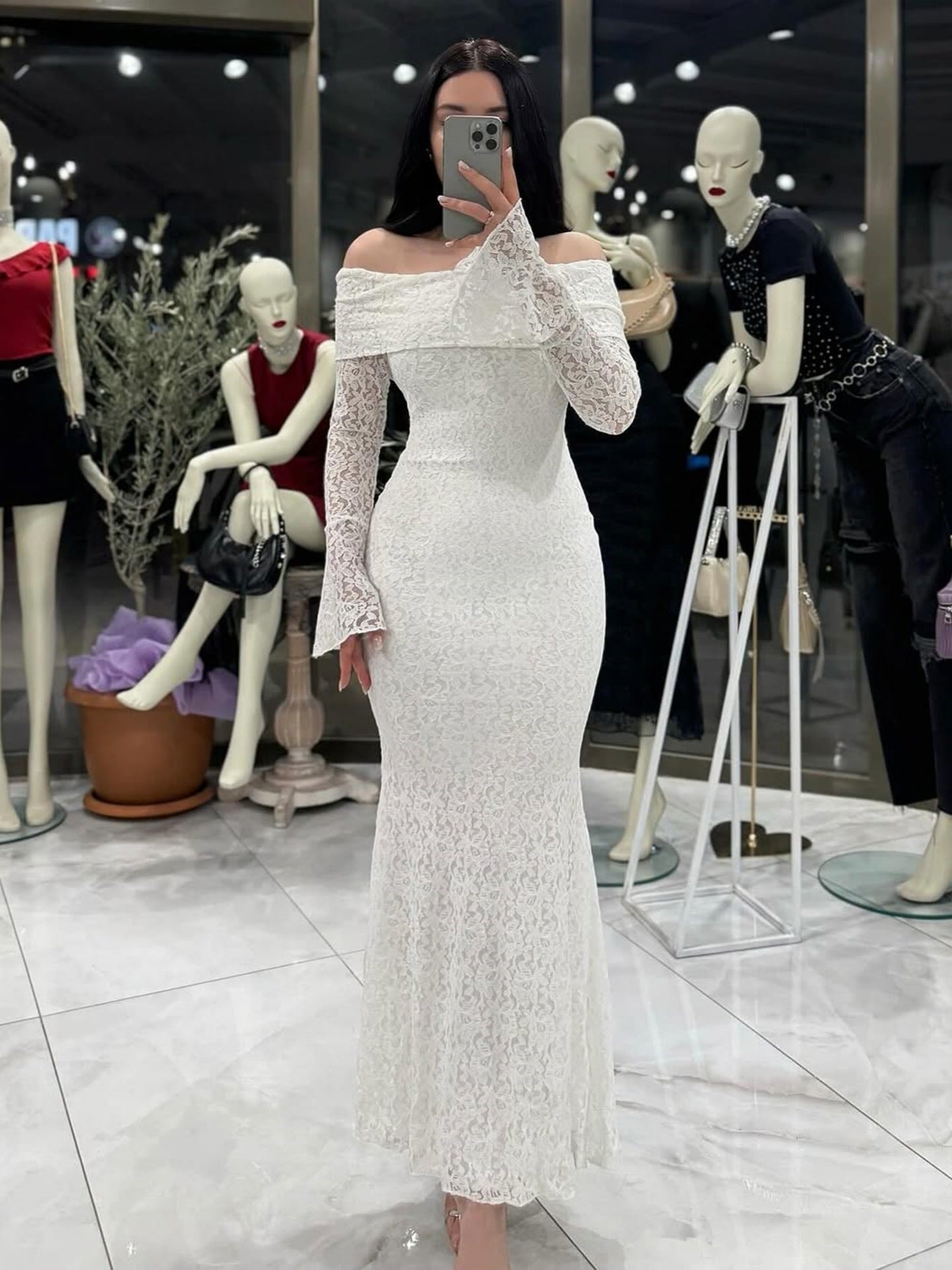 Women Maxi Dress off Shoulder Sexy Lace Long Sleeve Dress by Ragazza