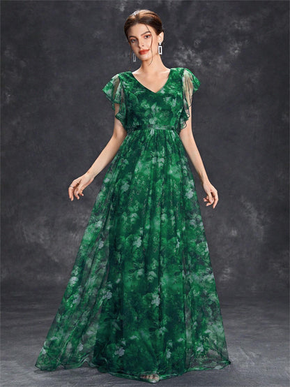 Evening Dress V neck Printed Mesh Ruffled Large Swing Party Dress Bridesmaid Dress Dance Dress Spring A Line by Ragazza