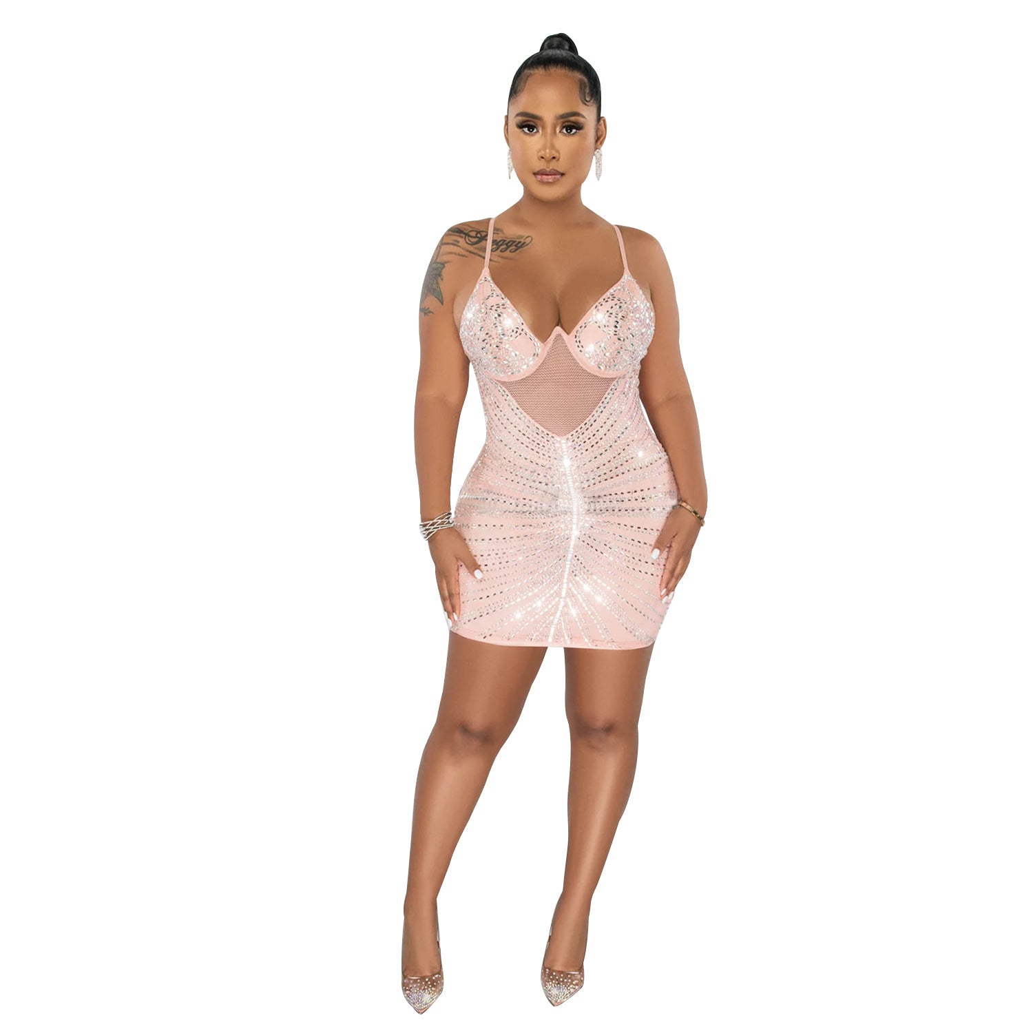 Women Wear Rhinestone Mesh Camisole Sleeveless Dress by Ragazza