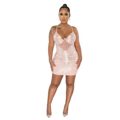 Women Wear Rhinestone Mesh Camisole Sleeveless Dress by Ragazza