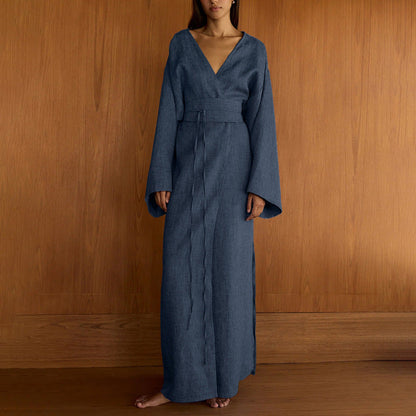 Casual Cross Design Lace up Dress Women V neck Long Sleeve Split High Waist Maxi Dress by Ragazza