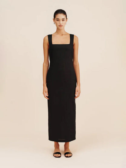 Simple Solid Color Square Collar Sling Dress Summer Slim Cotton Linen Maxi Dress by Ragazza