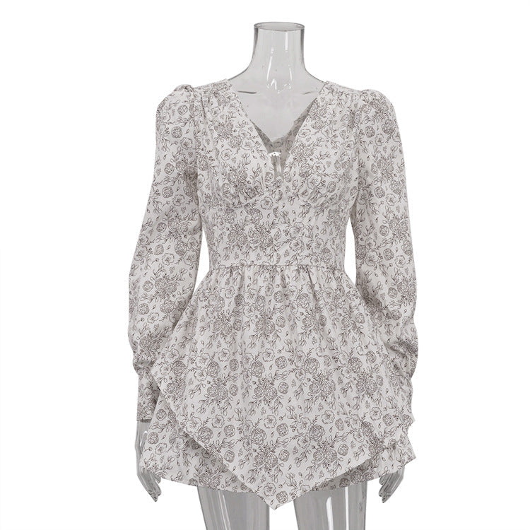 Retro Elegant Elegant Printed V neck Long Sleeve Dress Women Design Irregular Asymmetric Hem High Waist A line Dress by Ragazza