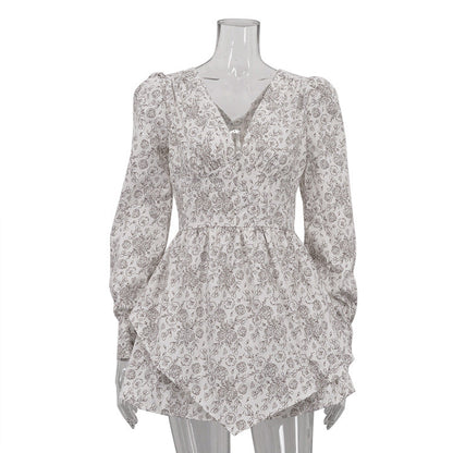 Retro Elegant Elegant Printed V neck Long Sleeve Dress Women Design Irregular Asymmetric Hem High Waist A line Dress by Ragazza
