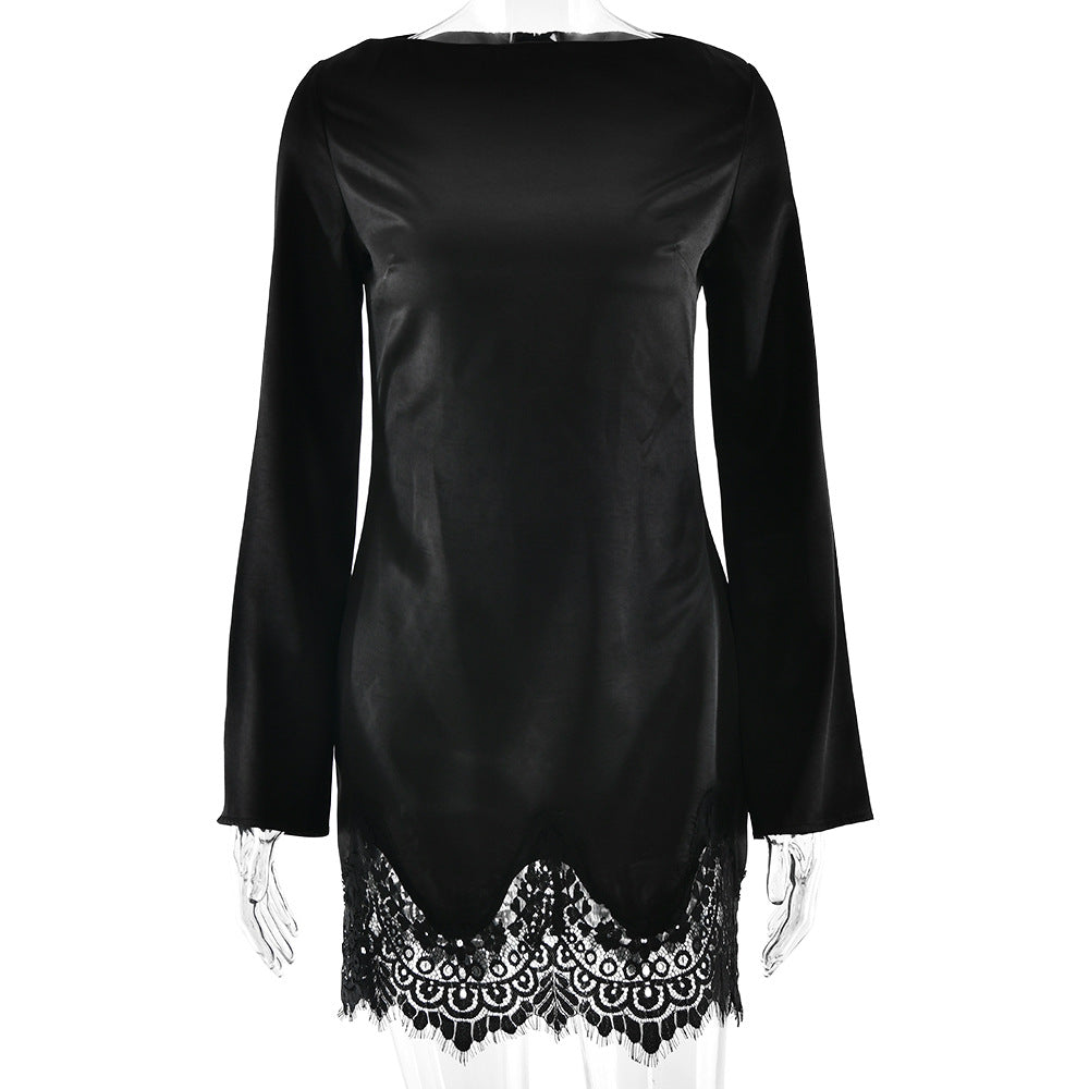 Pure Sexy Elegant Sexy Slim Dress Lace Solid Color Long Sleeve Narrow Dress by Ragazza