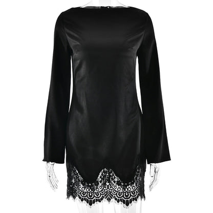Pure Sexy Elegant Sexy Slim Dress Lace Solid Color Long Sleeve Narrow Dress by Ragazza