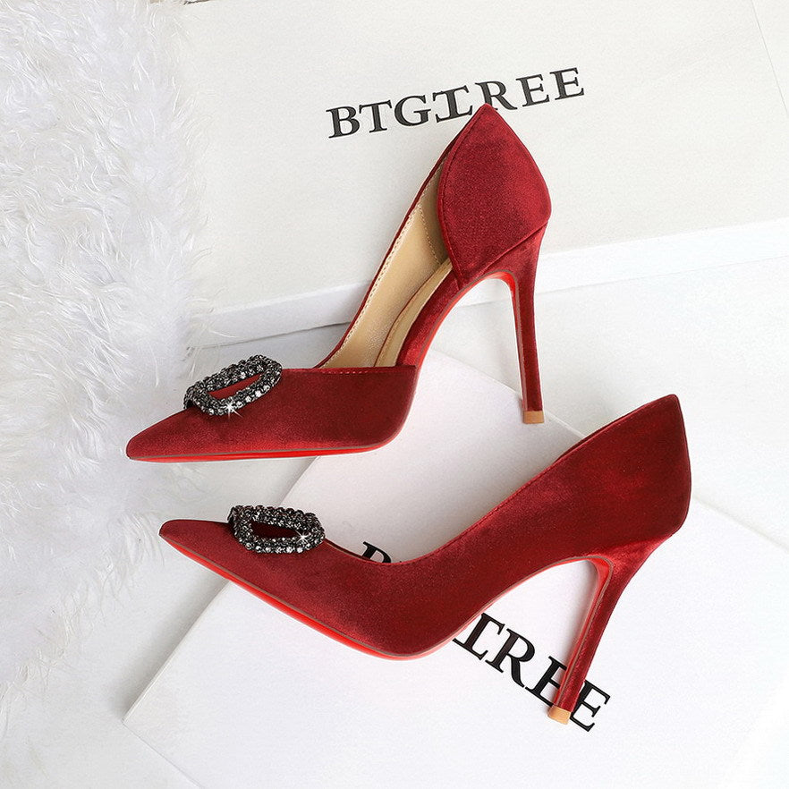 French Elegant Lady Ultra High Heel Stiletto Heel Red Bottom High Grade Rhinestone V Buckle Suede Shoes  DestGlow