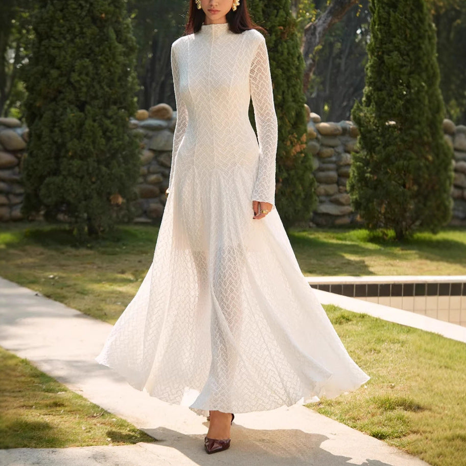 Autumn Winter Niche Design Beautiful Lace Slim Fit Slimming Wide Hem Maxi Dress Women by Ragazza