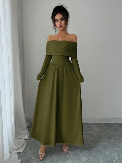 Off Shoulder Dress Women French Tea Break High Sense Cinched Slimming Maxi Dress by Ragazza
