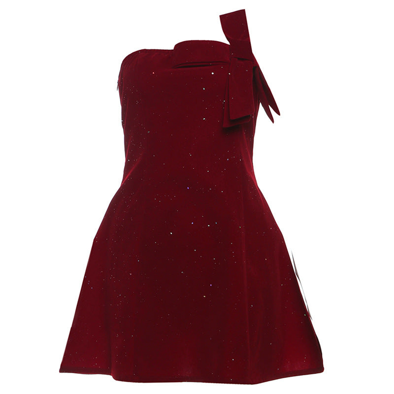 Winter Sexy Slim Fit Backless Tube Top Bowknot Short Dress Solid Color Zipper Sequ Dress by Ragazza