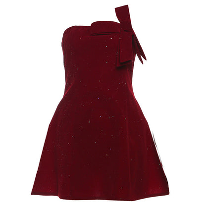 Winter Sexy Slim Fit Backless Tube Top Bowknot Short Dress Solid Color Zipper Sequ Dress by Ragazza