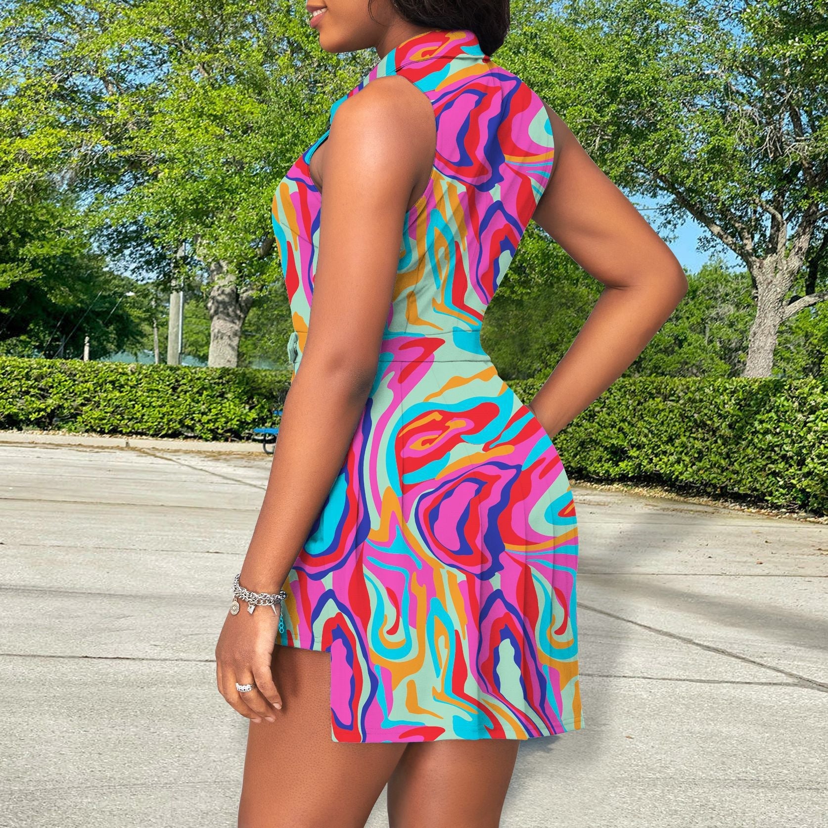 Women Sleeveless Sexy Collared Button Printed Dress by Ragazza