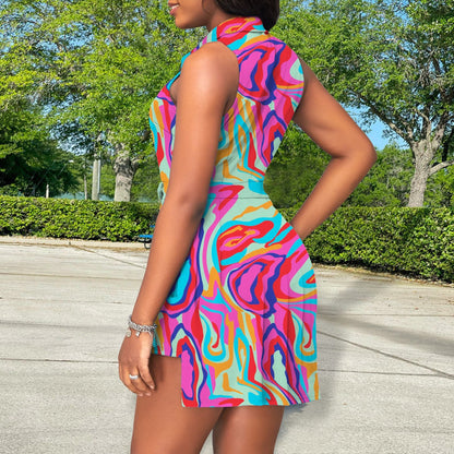 Women Sleeveless Sexy Collared Button Printed Dress by Ragazza