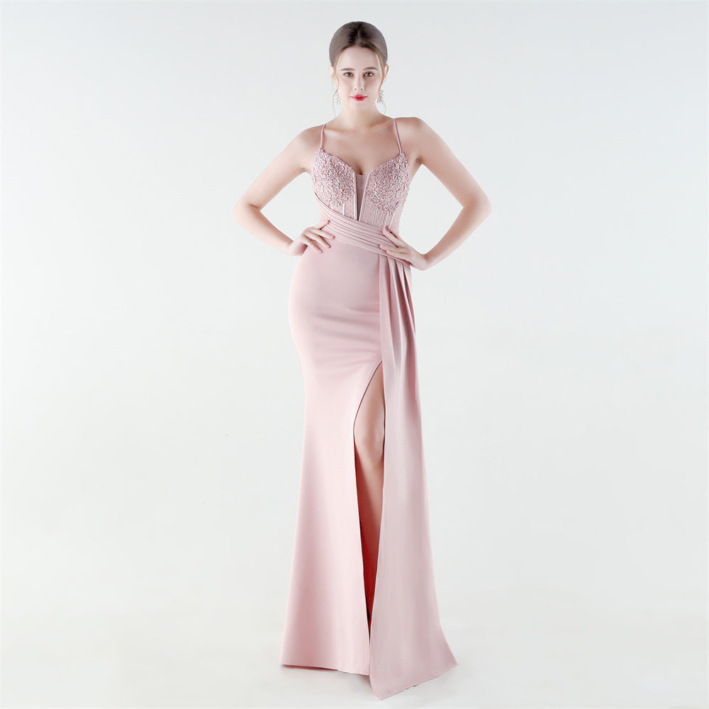 Deep V Plunge Waist Tight High Slit Sequin Embroidered Strap Slim Fit Elegant Evening Dress by Ragazza