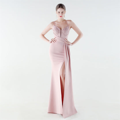 Deep V Plunge Waist Tight High Slit Sequin Embroidered Strap Slim Fit Elegant Evening Dress by Ragazza