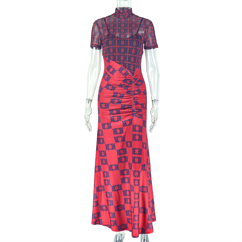 Slim Waist Women Clothing See through Stitching Hip Dress Pleated Print Turtleneck Length Dress by Ragazza