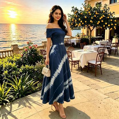 Printed Spring Summer off Shoulder Elegant Short Sleeve Slim Women Dress  DestGlow