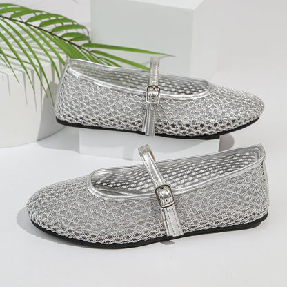 Fishnet Hollow Out Cutout out Ballet Shoes Women Summer Flat Belt Buckle Breathable Shoes  DestGlow