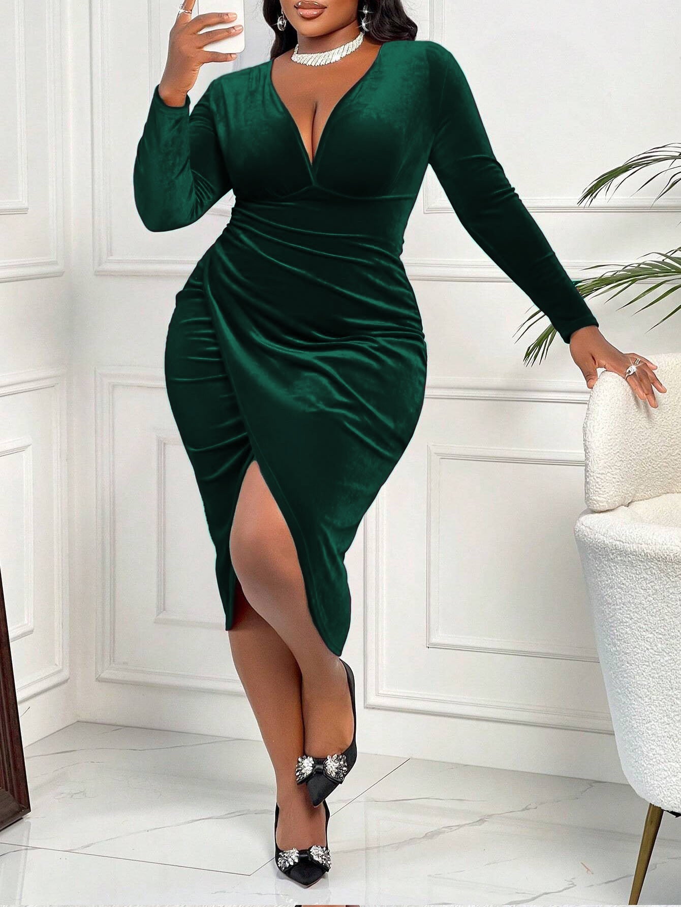 Velvet Dress Deep V Plunge neck Long Sleeve Pleated Waist Tight Split Slimming Christmas Sheath Dress by Ragazza