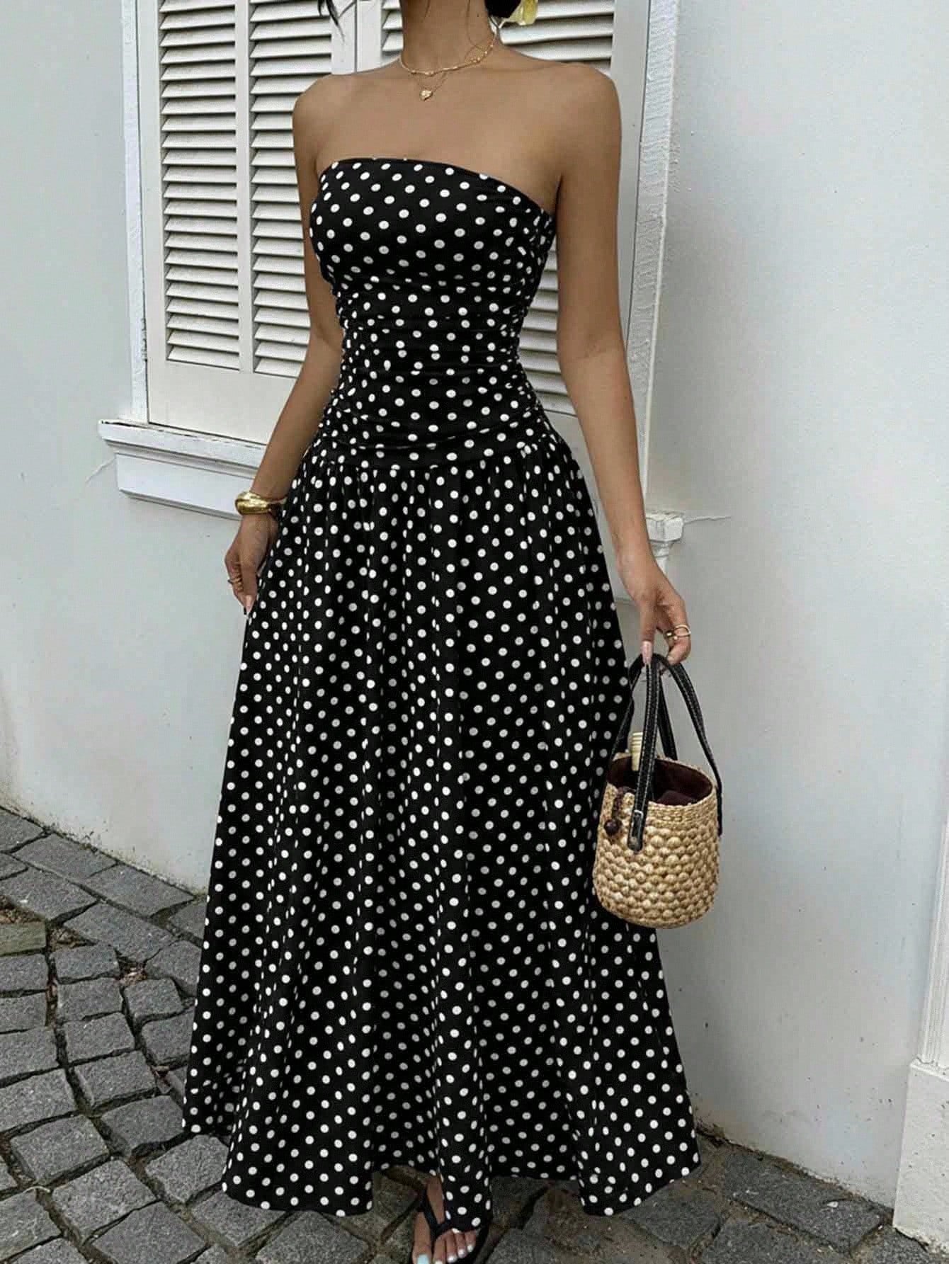 Spring Summer Sexy off the Shoulder Polka Dot A line Elegant Waist Slimming Dress Evening Dress by Ragazza
