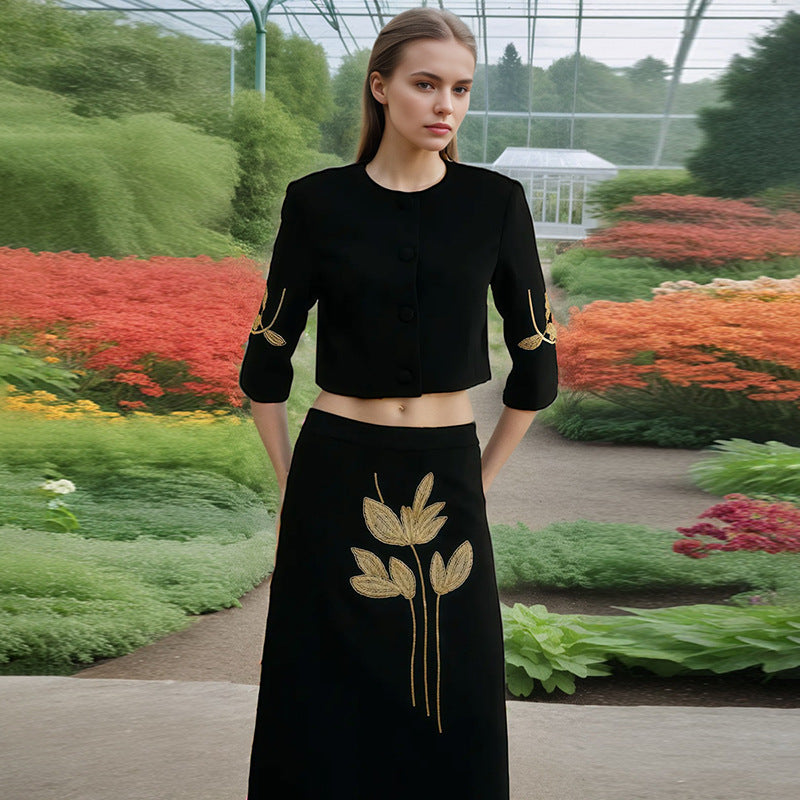 Spring Dignified Floral Machine Embroidery Top High Waist Floral Skirt Two Piece Sets Women by Ragazza
