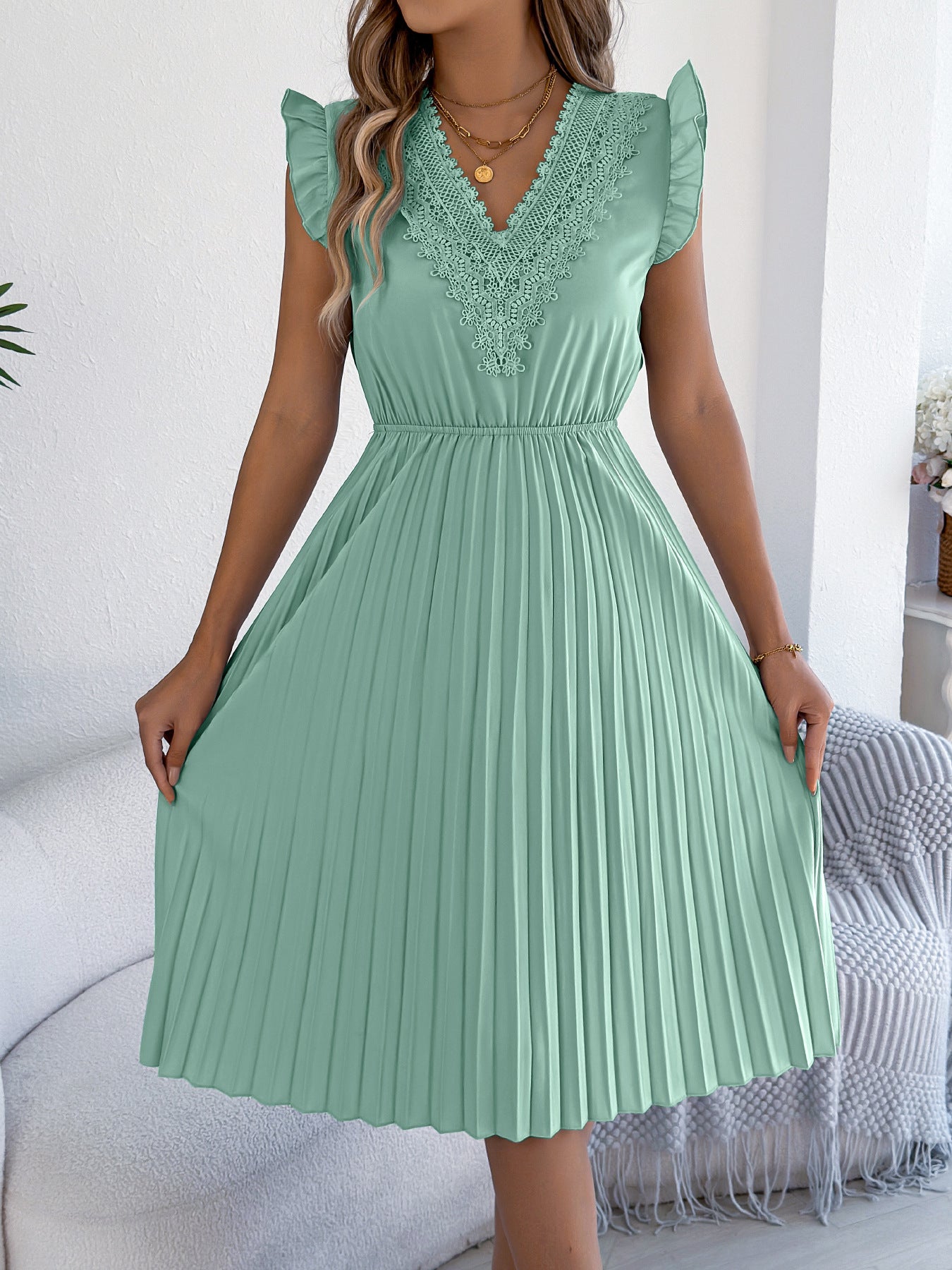 Women Clothing Spring Summer Casual Lace V neck Wooden Ear Cinched Pleated Dress by Ragazza