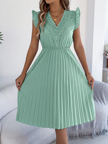 Women Clothing Spring Summer Casual Lace V neck Wooden Ear Cinched Pleated Dress by Ragazza
