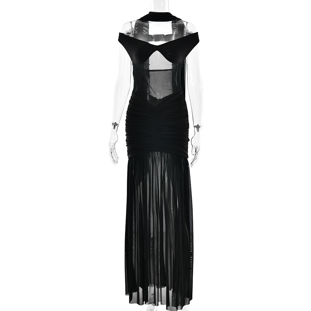 Summer Sexy Tube Top Backless Dress Mesh Pleated Slit Dress by Ragazza