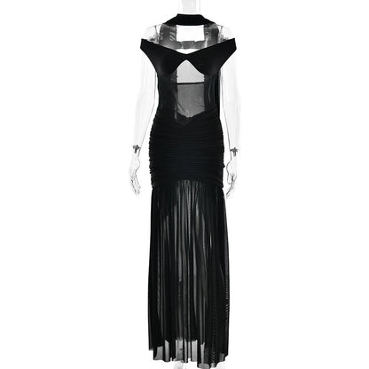 Summer Sexy Tube Top Backless Dress Mesh Pleated Slit Dress by Ragazza