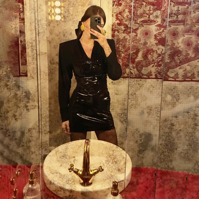 Women Clothing Autumn Winter Elegant Glossy V neck Patchwork Tight Waist Sheath Long Sleeve Dress by Ragazza