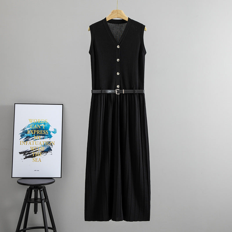 Summer Wear French Sleeveless Knitted Vest Pleated Elegant Dress Belt Cinched Slimming Maxi Dress Women  DestGlow