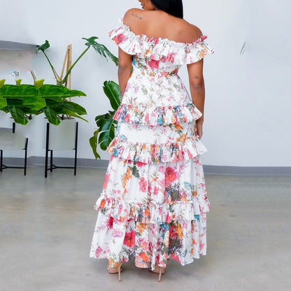 Women Summer round Neck Long Sleeve Printed Ruffled Maxi Dress Vacation Dress for Women by Ragazza