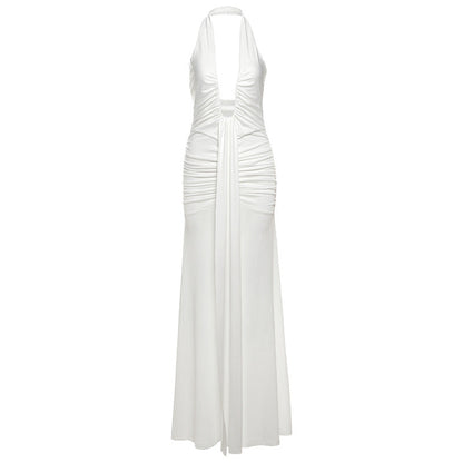 Spring Summer Women Elegant Sexy Deep V Plunge neck Halter Slim Pleated Dress Women by Ragazza