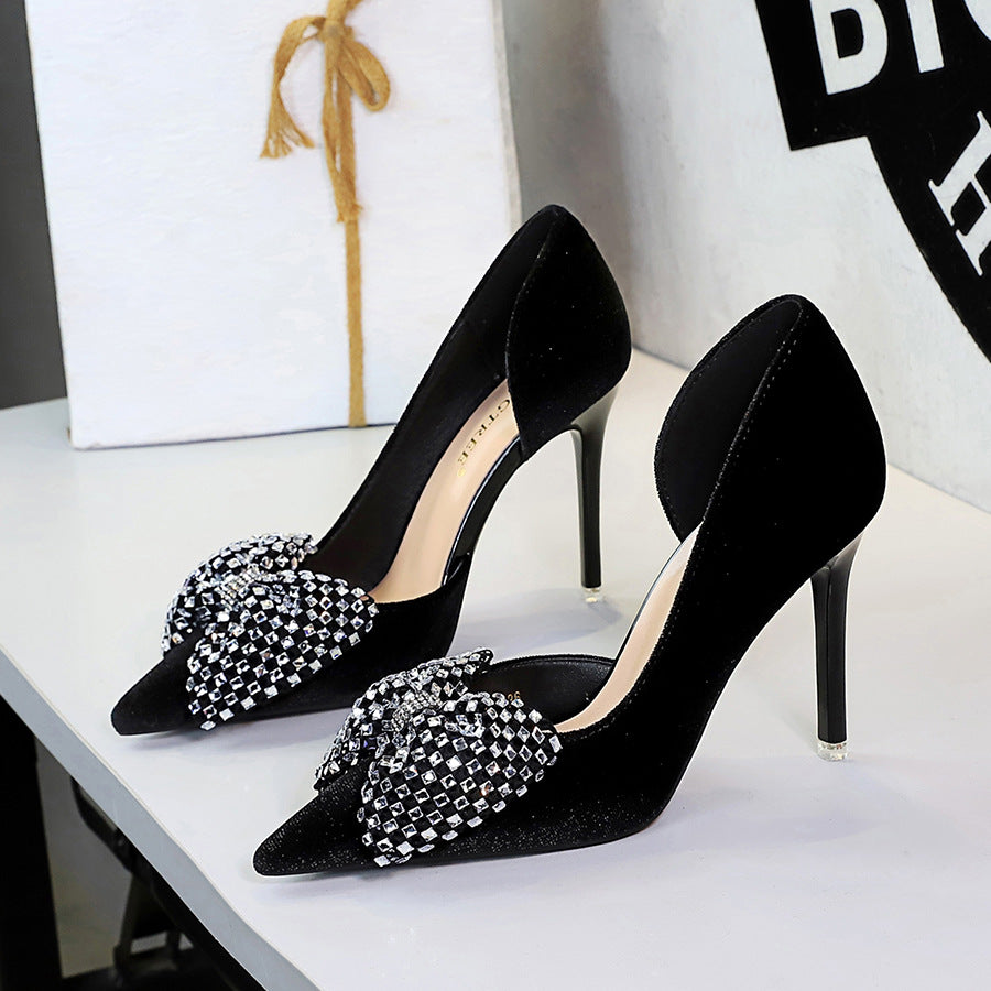 Super Large Rhinestone Bow Pointed Slip on Side Hollow Out Cutout Suede Pumps Women  DestGlow