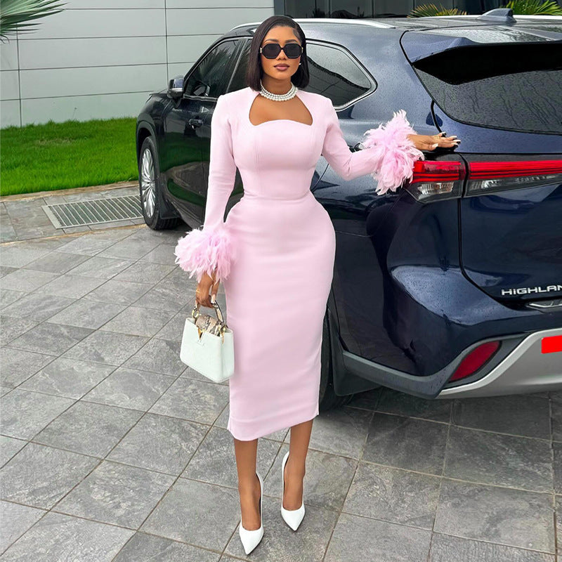 Women Clothing Autumn Sweet Fresh Square Collar Long Sleeve Feather Decoration High Waist Slimming Dress by Ragazza