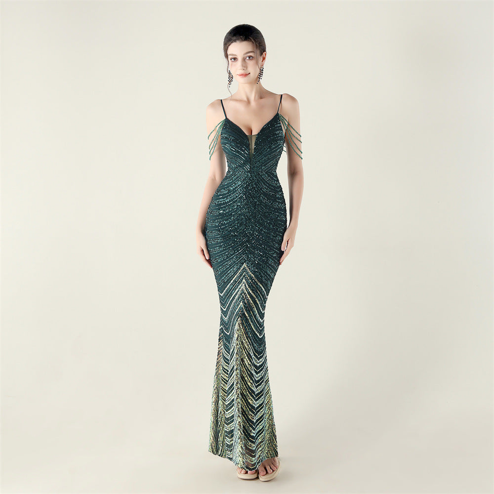 Deep V Plunge neck Wave Gradient Sequin Evening Dress Positioning Floral Cutting Craft Beaded Cocktail Battle Gown by Ragazza