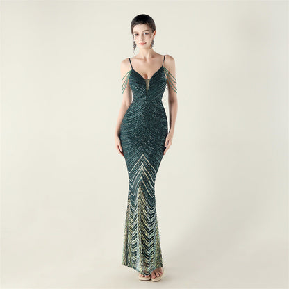 Deep V Plunge neck Wave Gradient Sequin Evening Dress Positioning Floral Cutting Craft Beaded Cocktail Battle Gown by Ragazza