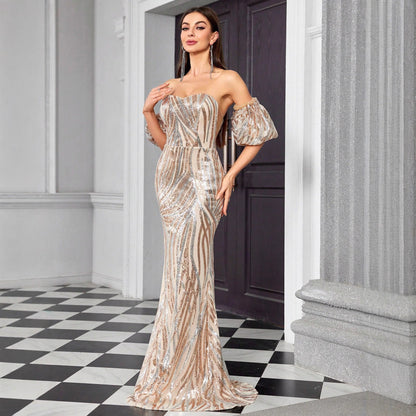 Off Shoulder High End Sequined Evening Dress Striped Color Matching Dress Women Elegant Dinner Dress by Ragazza