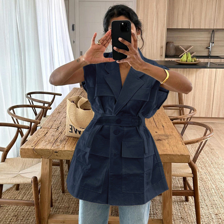 Women Clothing Summer Sleeveless Workwear Shirt Trendy Stylish Multi Pocket Belt Loose Top by Ragazza