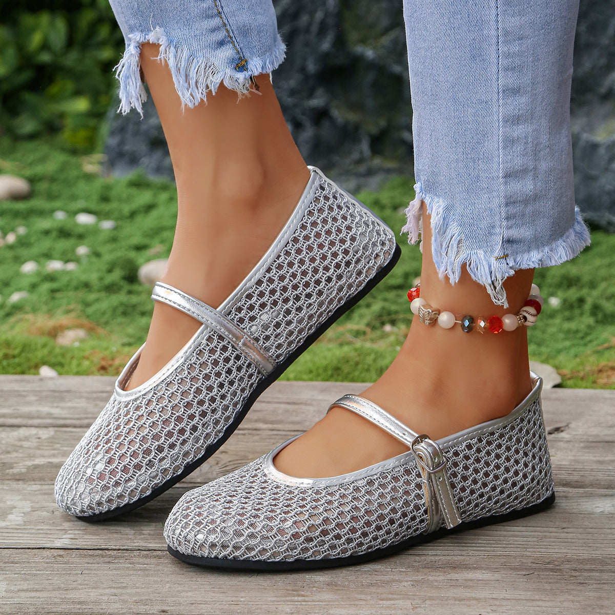 Fishnet Hollow Out Cutout out Ballet Shoes Women Summer Flat Belt Buckle Breathable Shoes  DestGlow