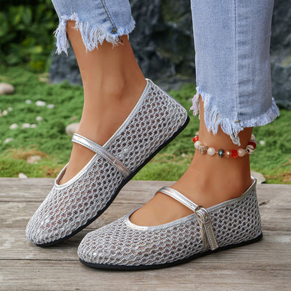 Fishnet Hollow Out Cutout out Ballet Shoes Women Summer Flat Belt Buckle Breathable Shoes  DestGlow