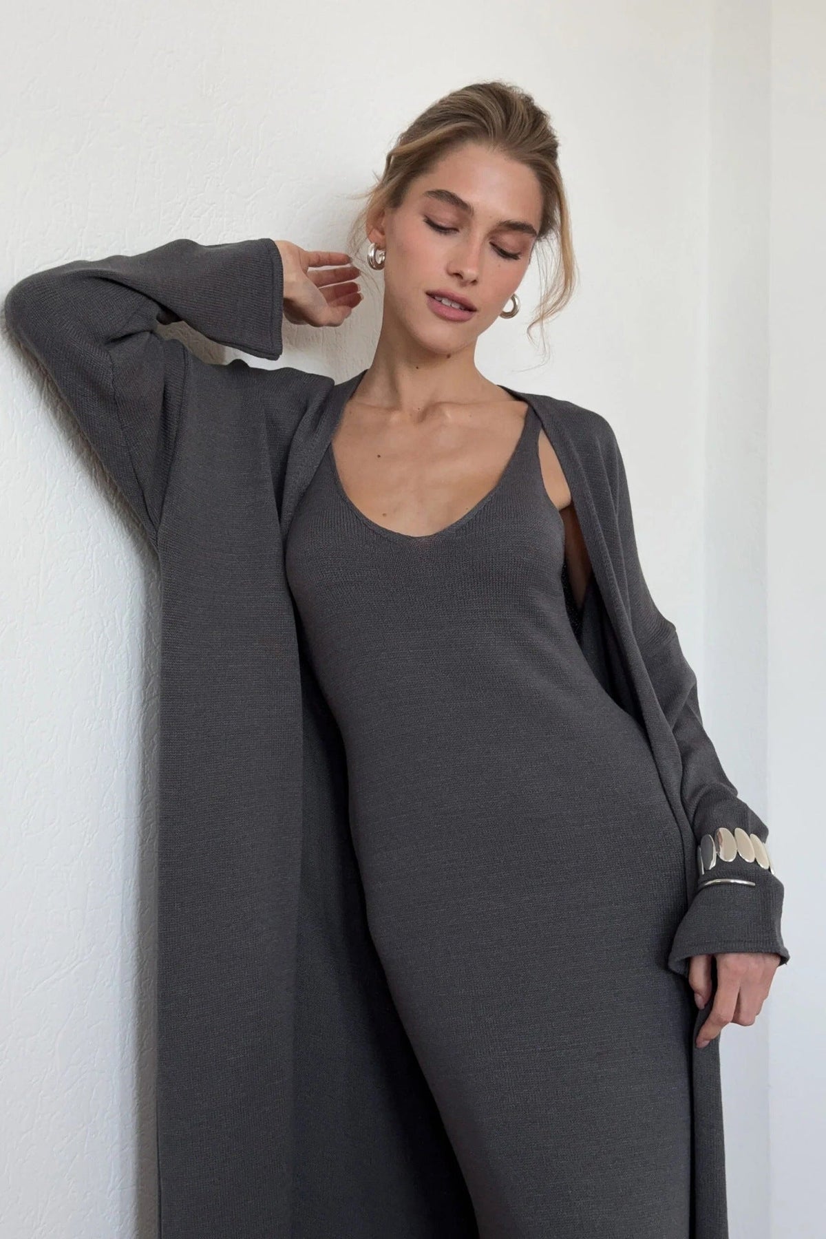Knitted Hollow Out Cutout Vest Long Dresses Long Sleeve Cardigan Suit Women Soft Knitted Blouse  DestGlow