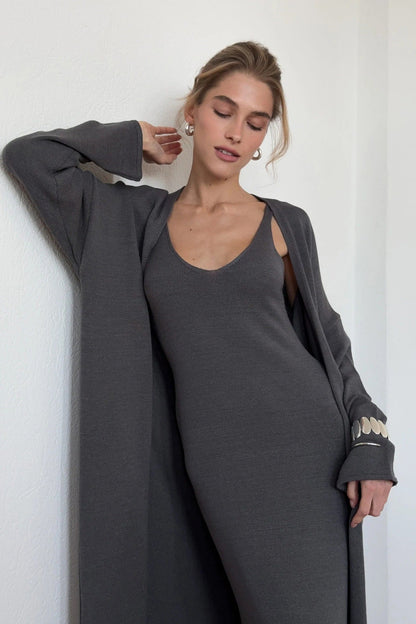 Knitted Hollow Out Cutout Vest Long Dresses Long Sleeve Cardigan Suit Women Soft Knitted Blouse  DestGlow