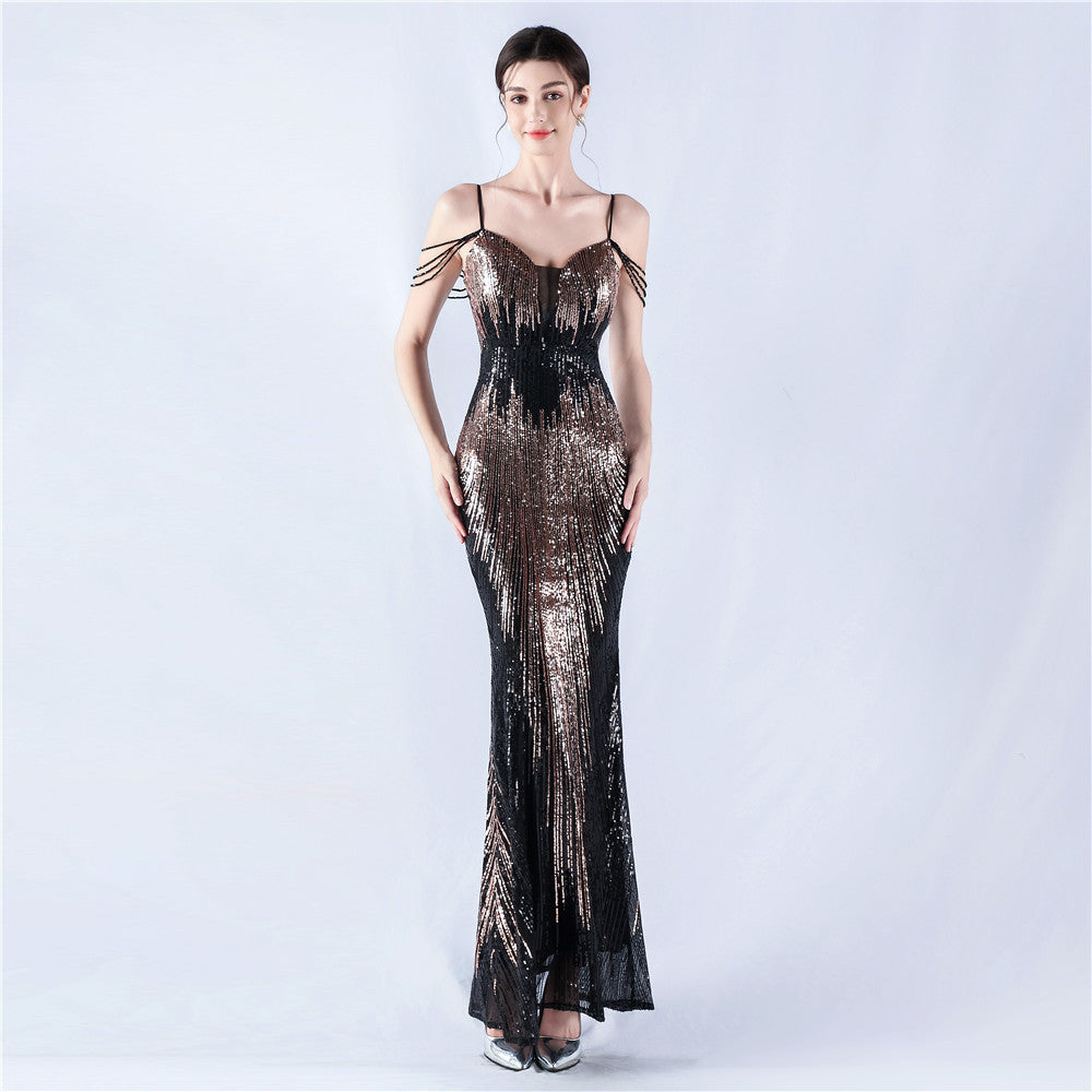 Dress Positioning Floral Sequin Craft Beaded Strap Evening Dress by Ragazza